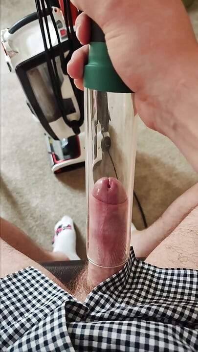 Vacuum cleaner sucking my cock with clear tube sitting