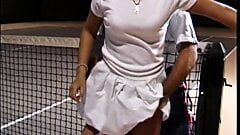 Young cute brunette with dreadlocks takes some lessons of tennis with lusty coach
