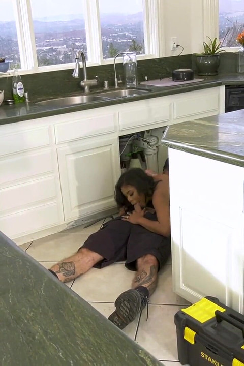 Repair man prepares Nia Nacci's pussy for her husband