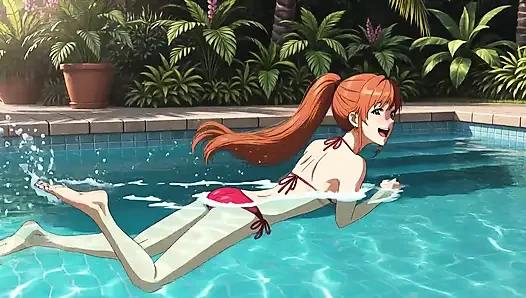 Девушка с ИИ чувственно у бассейна - Студио Ghibli Style