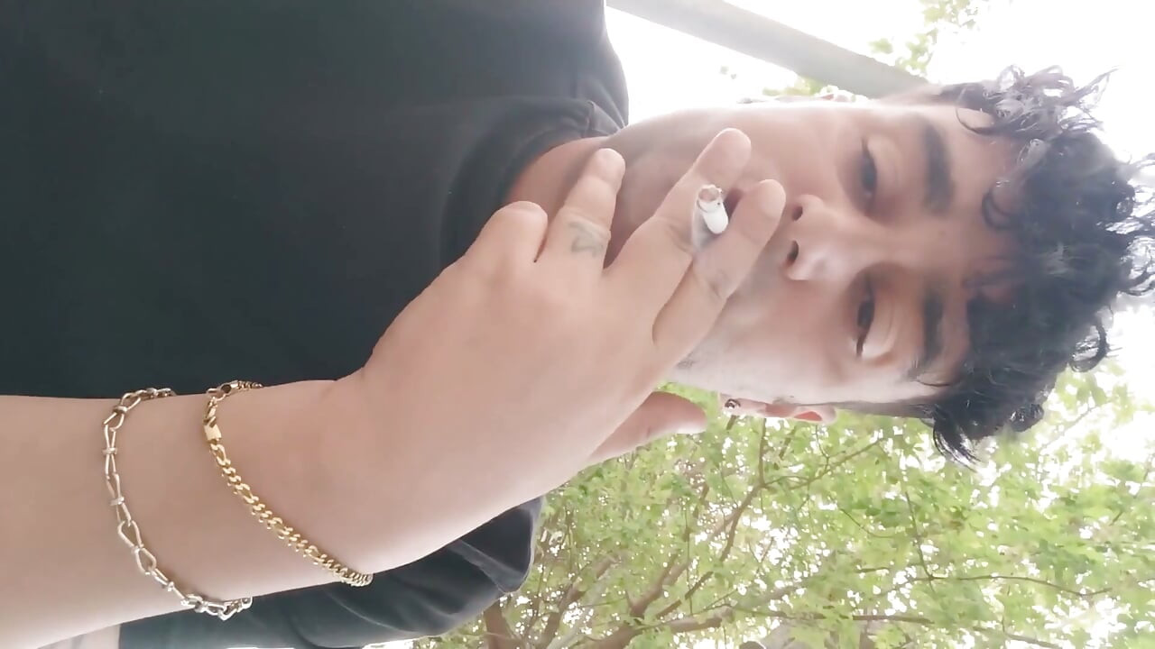 Smoking Outdoor and Showing Balls and Soft Uncut Cock