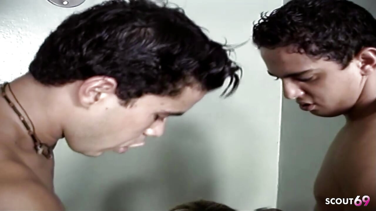 Two Buddies Secretly Have a Threesome with a Blonde Tranny Fucking Her in the Ass