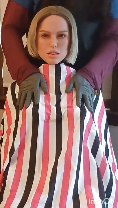 Jennifer haircutting cape modeling session