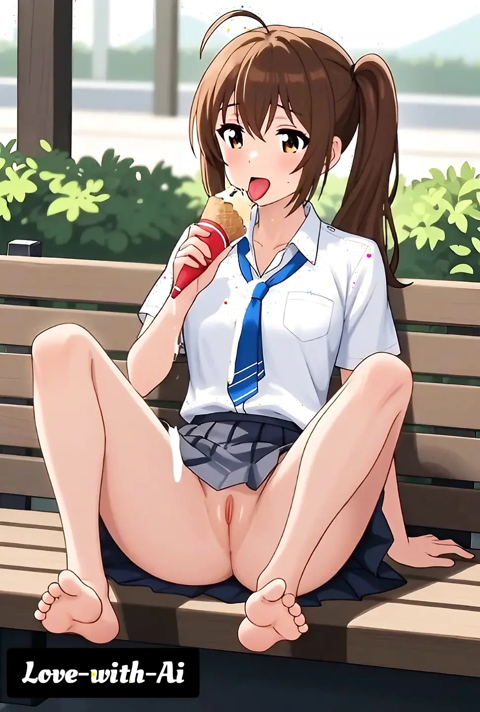 Hentai 2026!  Student licks ice cream in a park, her dripping all over the place
