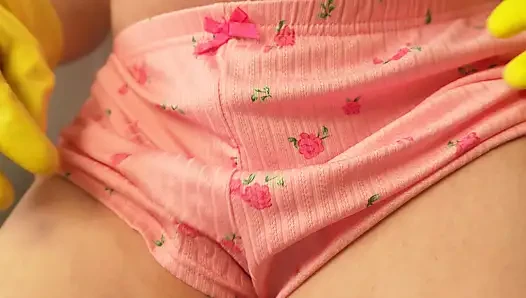 Pregnant Indian girl in sexy shorts shows her big ass then masturbates in gloves and plays with her big tits