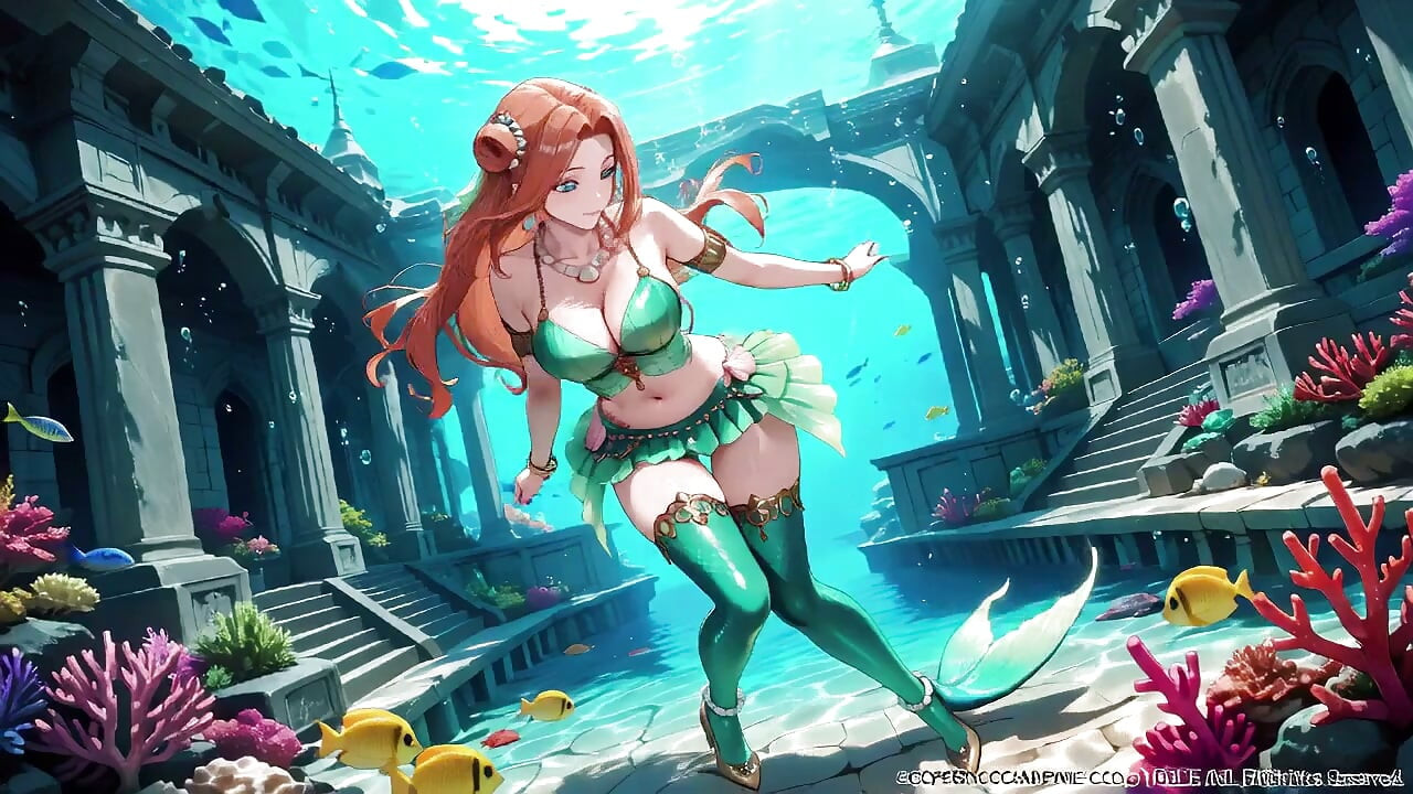 Red-haired Mermaid Princess's Private Tour in the Underwater Palace, Green Bikini hugging her curves, Heeled Boots on soft sand,