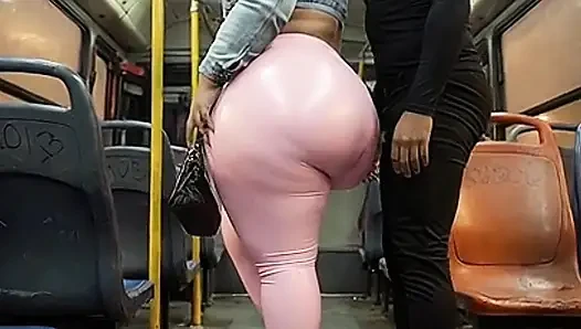 "Balaclava BBW Gets Ass  in Tight Shiny Pink Pants - Public Bus"