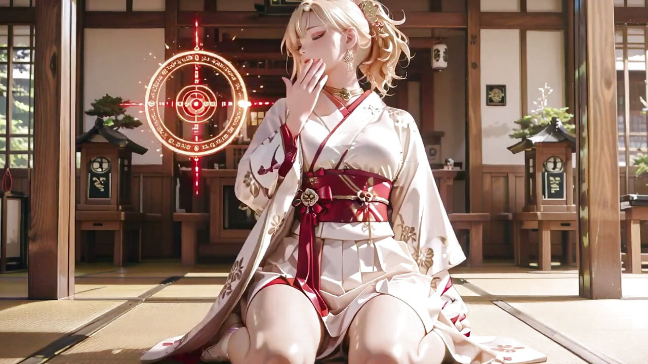 Blondynka Kimono Girl's Shrine Secret! Klęcząc pod Bramą Torii w beżowym zmodyfikowanej kimono