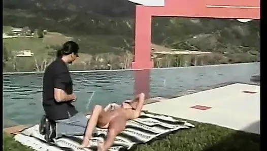 Petite blonde with great ass rides cock by the jacuzzi