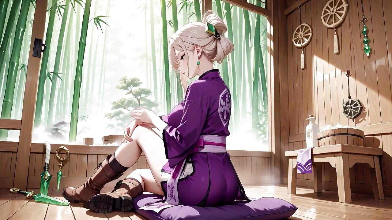 Războinicul kimono violet! Tachinare interzisă în Dojo-ul japonez. Îngenunchând cu o sabie, ridicând hemul pentru a dezvălui secrete.
