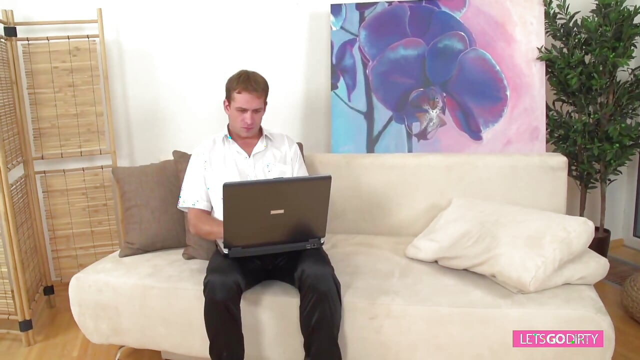 Blond mature slut fucked hard by a young guy on the couch