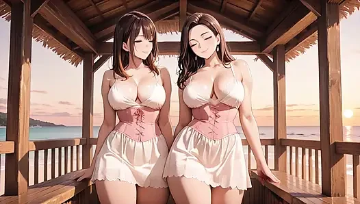 Шаловливый хентай тройничок - два Waifus переполнены двойным наслаждением с кримпаем