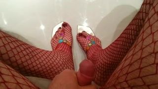 Cum on my mother's thong sandals with red fishnet