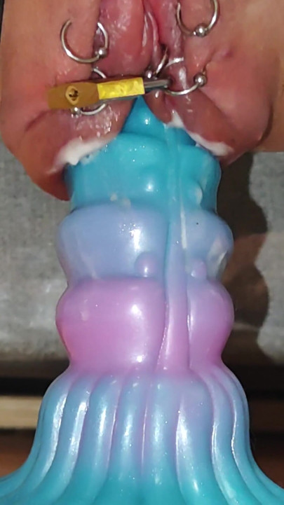 Pumped pierced pussy rides dildo despite lock | Clip 1