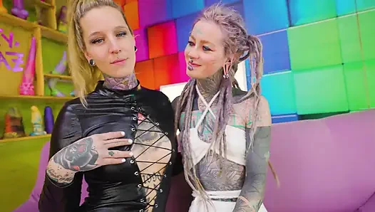 Tattoo ALTERNATIVE ANAL sluts share a black tattooed cock - ATM, deepthroat, facial