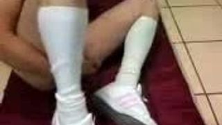 Masturbating in pink adidas superstar and white kneesocks