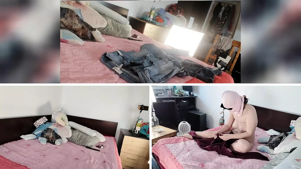 Amateur brunette tries on clothes and cuts them, hairy pussy, big ass.
