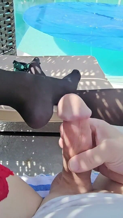 Poolside Wet Nylon and Cock Foot Cum | Clip 1
