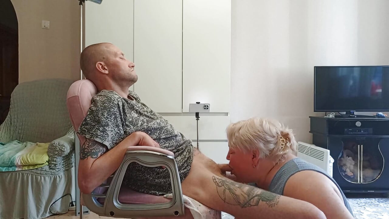 Wife Watches Mother-in-law Doing Deep Blowjob and Swallowing Cum