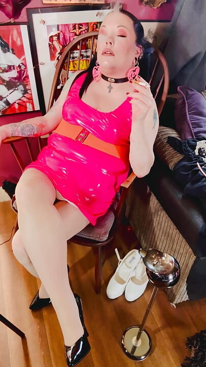 Pink PVC Clad Tina Snua Tip To Tails 2 Chinese Cork Cigarettes - High Heels Pantyhose Smoker Smoking OMI OME Snap Inhales