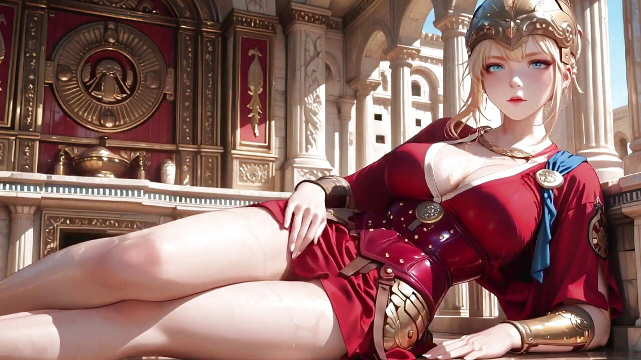 Red Armor Queen! Gaze in the Roman Corridor, Skirt Lift Reveal, Hand on Lips Teasing You...