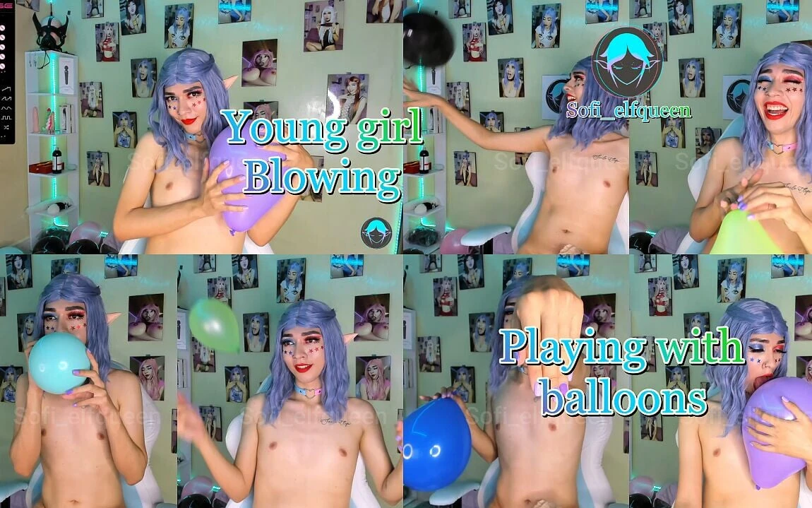 Young girl blowing and playing with balloons