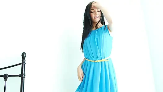 Sexy Babe with Blue Dress Touching Her Body All Over