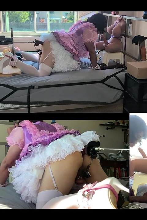 Pink Satin Sissy Maid Gets Fucked by Her Fucking Machine and Plays with Her Sex Toy Doll