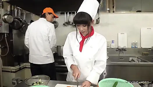 The chef and restaurant management reprimand the Asian cook by instructing her to squeeze thick veggies