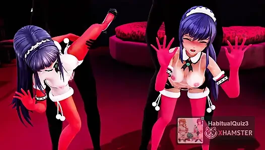 MMD R18 Kotoenoki и Mio Natsu шаловливый Рождественский раком 3D хентай секс, анальный Ahegao трахает жесткий большой хуй неверной жены