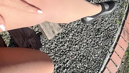 Sexy hot stepmom is horny and caresses herself on a park bench