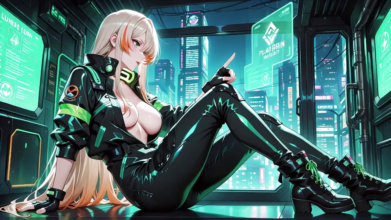 Neonowa noc deszczowa! Blond agent w mokrej skórze przykucnie niskie, holograficzny blask i zimne spojrzenia.