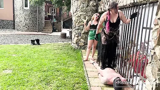 İki dommes ile dışarıda çiğneniyor