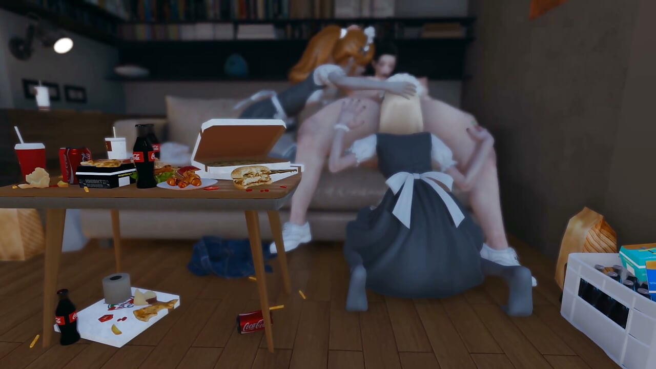 Fast Food Diva. Two Maids Pleasure Their Mistress While Watching TV. Emptie41