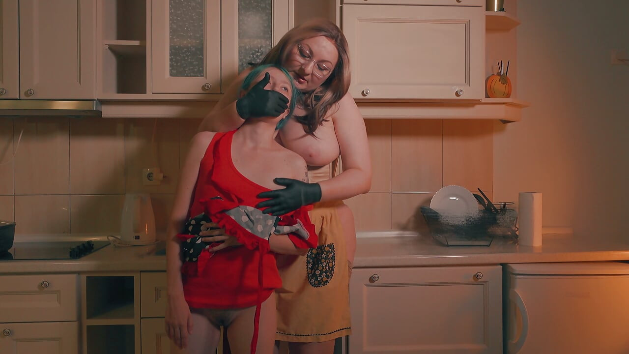Gloved Hand Over Mouth - Big Stepmom Inspects & Humiliates Skinny Stepdaughter