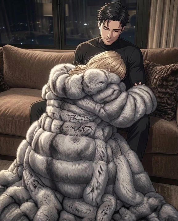 Blonde in Huge Fur Coat Teases on the Sofa