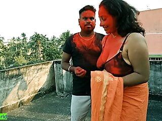18yrs Tamil boy fucking two beautiful milf bhabhis together at Holi festival