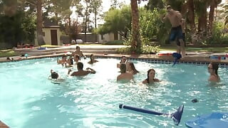 Adrianna Luna and Mia Gold pool party into an outdoor group sex fuck fest.