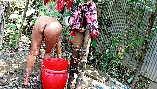 I fucked my village stepsister outside while she was taking a bath.