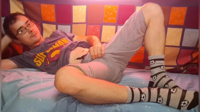 Nerdy College Boy Gets Horny, Masturbate His Big Cock and Cums Hard