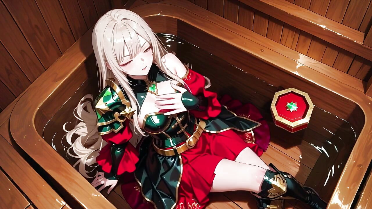 Forbidden Fantasy in Red & Green Armor! Blonde Knight Lounges Seductively While Her Silver -haired Partner Kneels to Serve