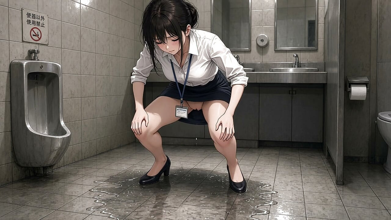 Office ladies wearing narrow shirts and skirts squat and pee all over the floor in the public men's and women's restrooms