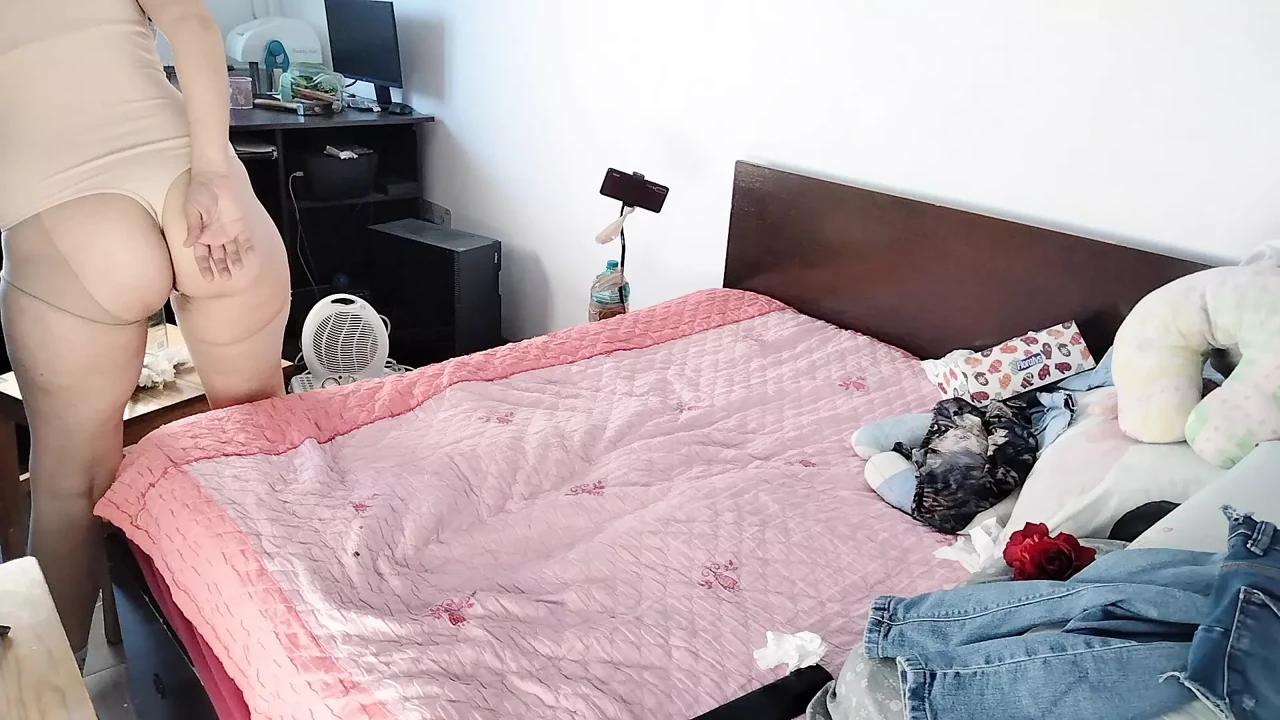 Amateur brunette tries on clothes and cuts them, hairy pussy, big ass.