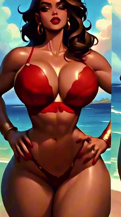 4k %100 yapay zeka 3 boyutlu yumuşak döngü pmv: seksi bikinilerle tropikal plajda koyu tenli kalın götlü nazik twerk | Klip 1