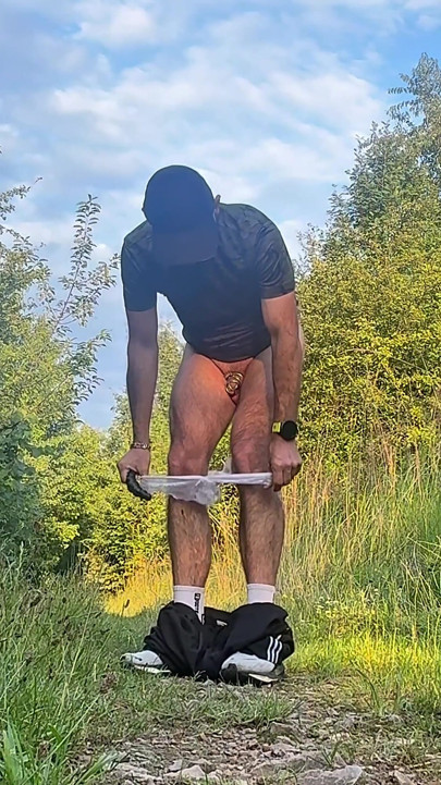 Sporty Guy in Lingerie Thong Exposing Outside