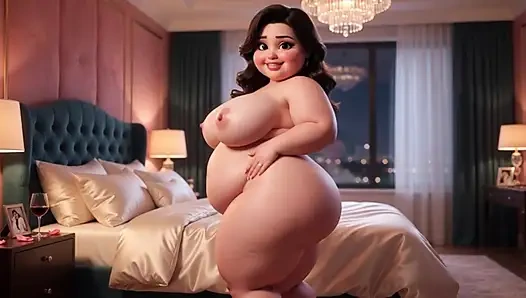 Фигуристая пухлая замужняя женщина с массивной громадной грудью и пухлой задницей расслабляется обнаженной в роскошной спальне
