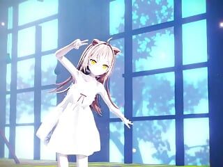 Jolie fille chat dansant en robe blanche (Hentai 3D)