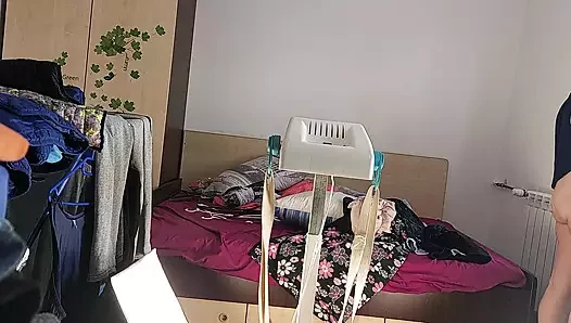 Sexy brunette pussy hair, face, housework nude.