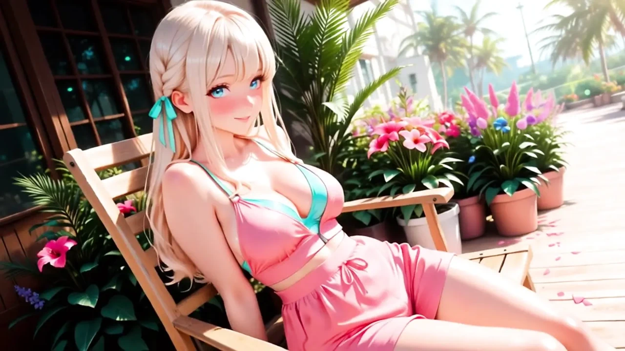 金发美女在阳光明媚的热带露台上私人自慰从害羞到完全上瘾