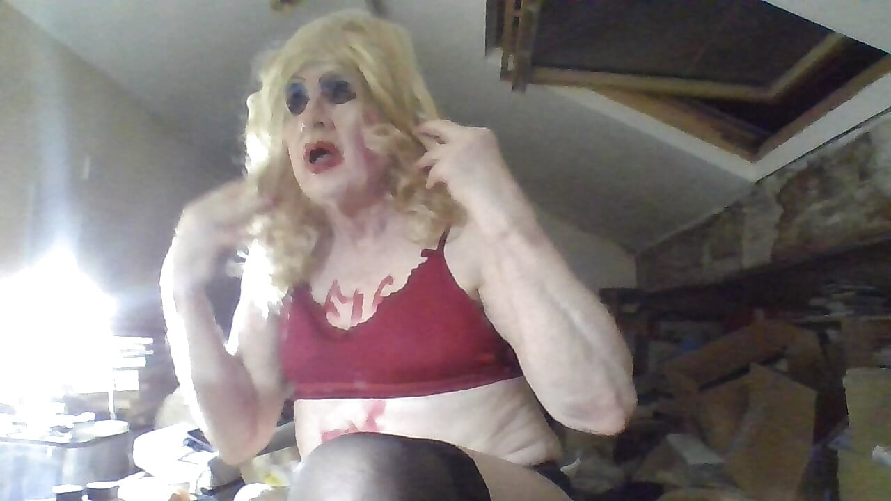 Desperate smoking slag Sarah Shitcunt fucks her hole with a toothbrush, bottle and  huge dildo